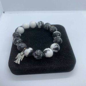 Power Beads By Jen Faux Marble Black & White Chunky Beaded Bracelet W/Angel